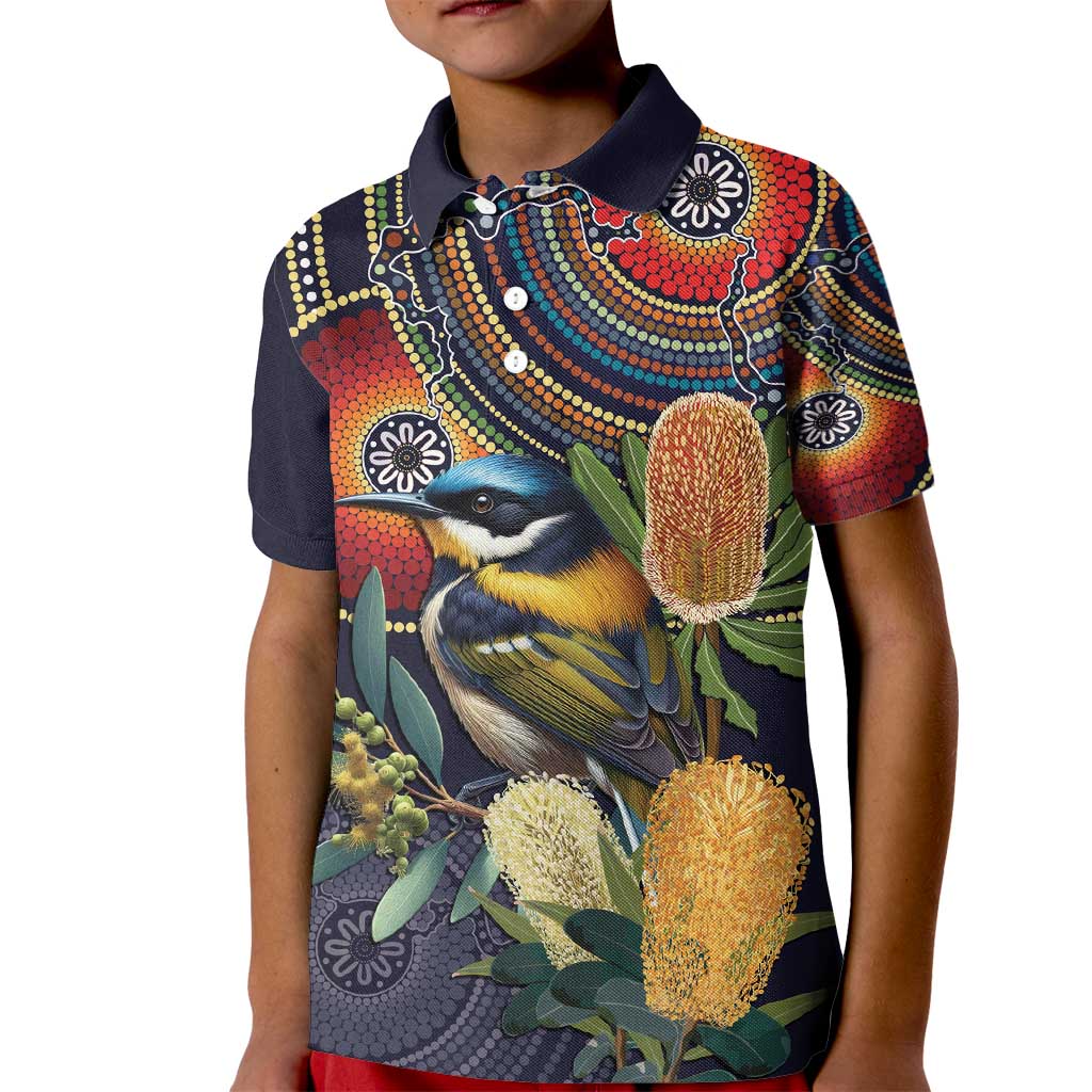 Aussie Honeyeaters Banksia Flowers Kid Polo Shirt Aboriginal Dots Painting - Vibe Hoodie Shop