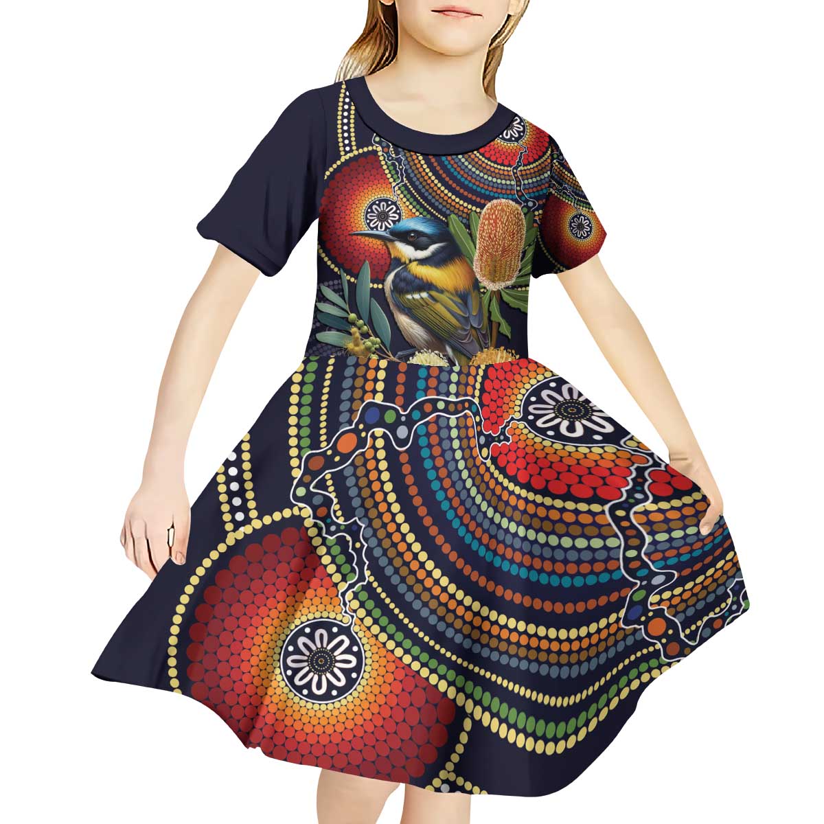 Aussie Honeyeaters Banksia Flowers Kid Short Sleeve Dress Aboriginal Dots Painting - Vibe Hoodie Shop