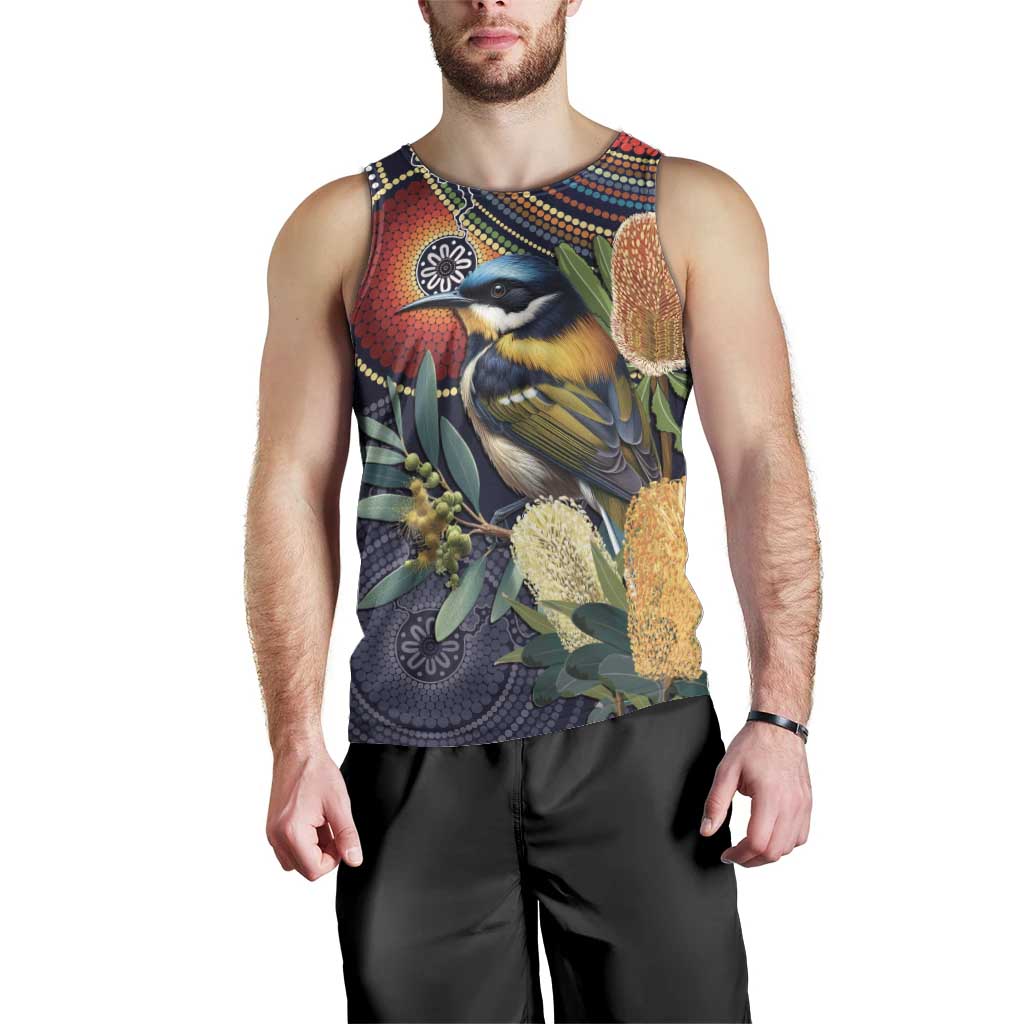 Aussie Honeyeaters Banksia Flowers Men Tank Top Aboriginal Dots Painting - Vibe Hoodie Shop