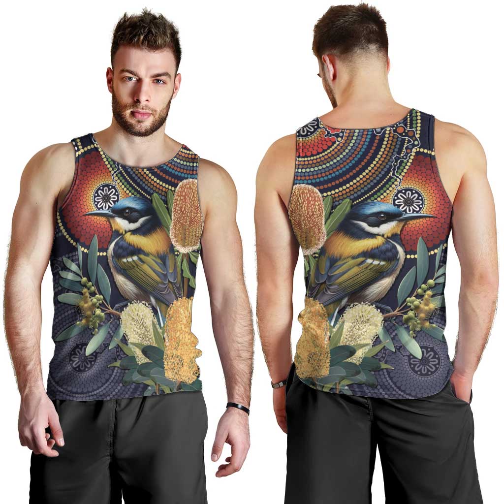 Aussie Honeyeaters Banksia Flowers Men Tank Top Aboriginal Dots Painting - Vibe Hoodie Shop