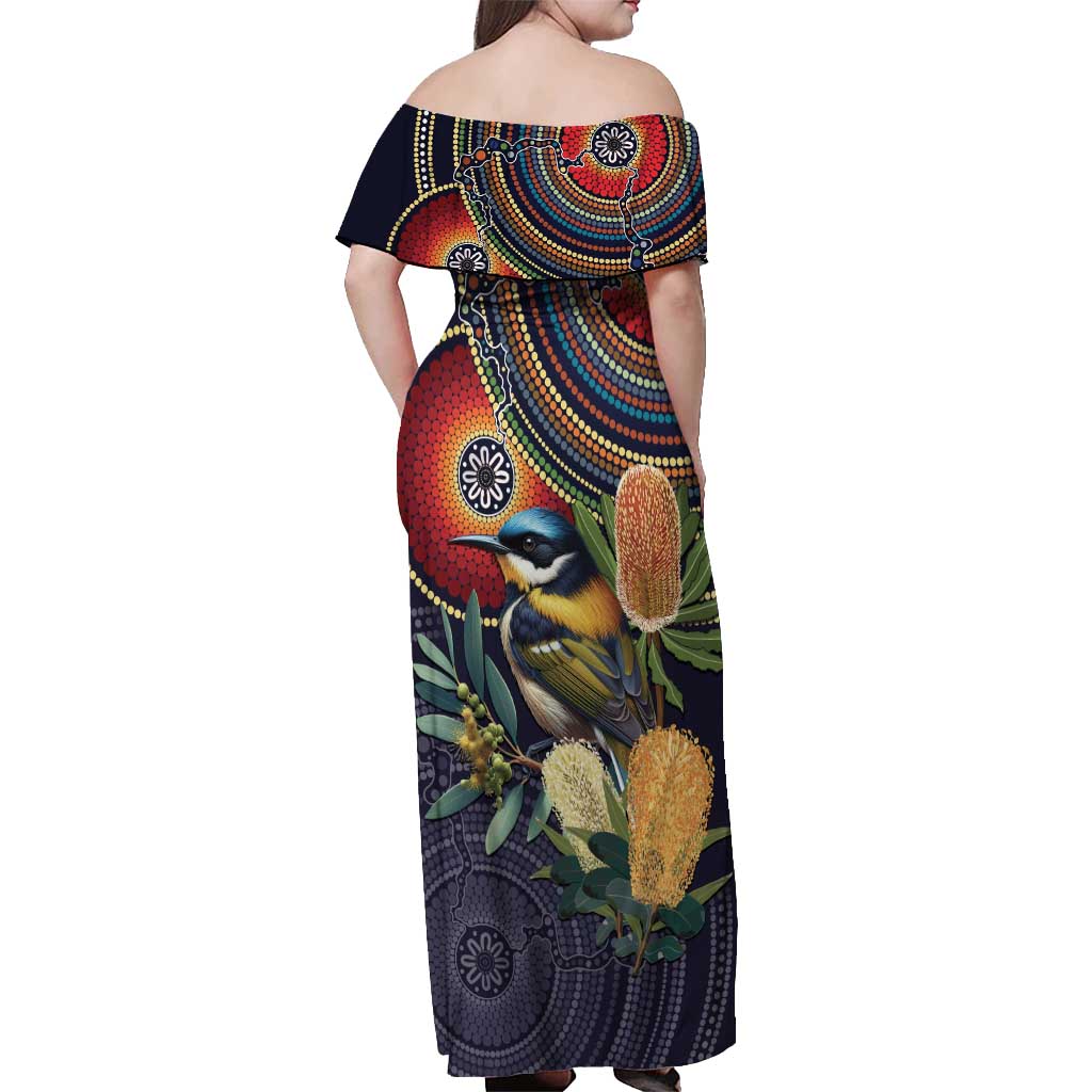 Aussie Honeyeaters Banksia Flowers Off Shoulder Maxi Dress Aboriginal Dots Painting