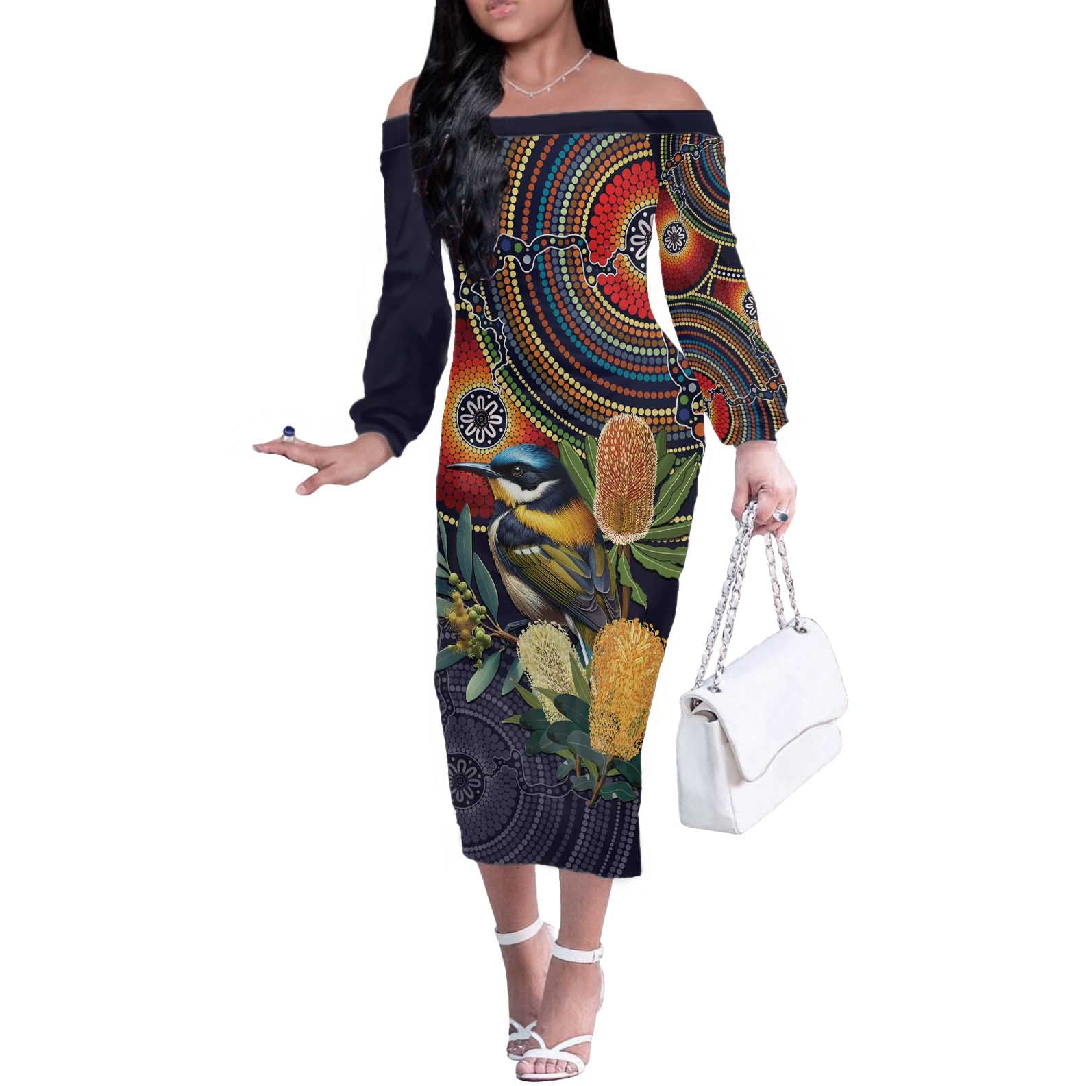 Aussie Honeyeaters Banksia Flowers Off The Shoulder Long Sleeve Dress Aboriginal Dots Painting