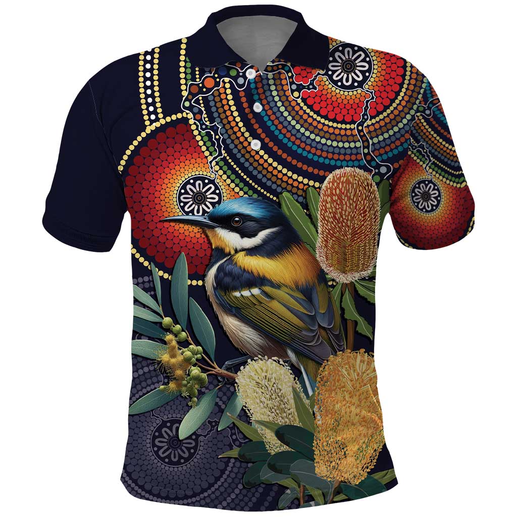 Aussie Honeyeaters Banksia Flowers Polo Shirt Aboriginal Dots Painting LT9 - Vibe Hoodie Shop