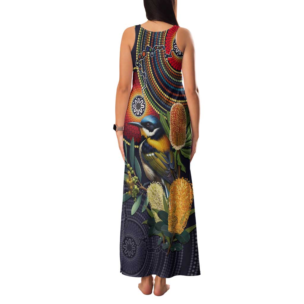 Aussie Honeyeaters Banksia Flowers Tank Maxi Dress Aboriginal Dots Painting