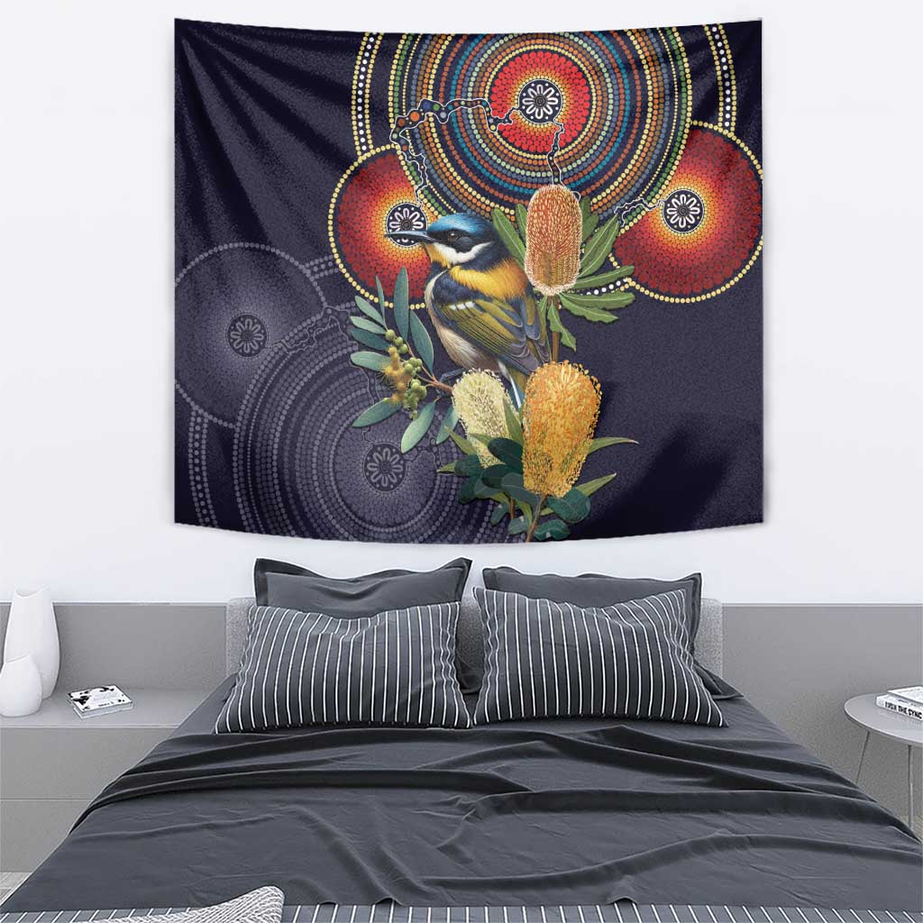 Aussie Honeyeaters Banksia Flowers Tapestry Aboriginal Dots Painting - Vibe Hoodie Shop