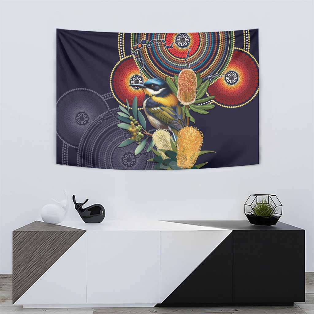 Aussie Honeyeaters Banksia Flowers Tapestry Aboriginal Dots Painting - Vibe Hoodie Shop