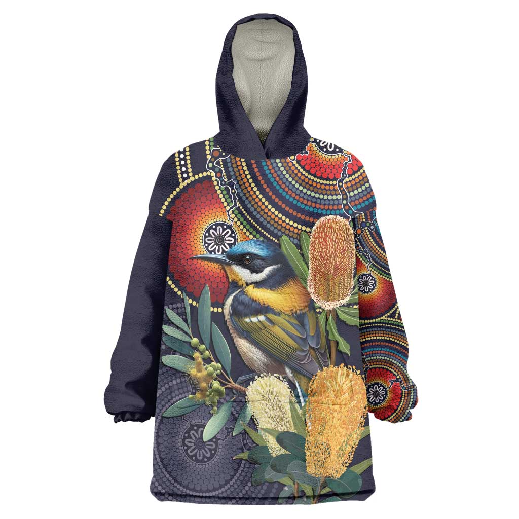 Aussie Honeyeaters Banksia Flowers Wearable Blanket Hoodie Aboriginal Dots Painting - Vibe Hoodie Shop