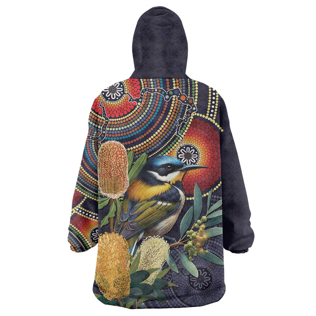 Aussie Honeyeaters Banksia Flowers Wearable Blanket Hoodie Aboriginal Dots Painting - Vibe Hoodie Shop