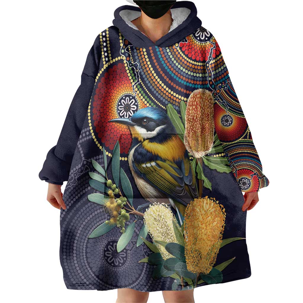 Aussie Honeyeaters Banksia Flowers Wearable Blanket Hoodie Aboriginal Dots Painting - Vibe Hoodie Shop