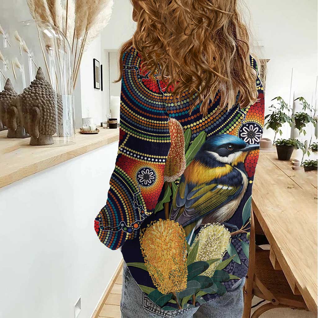 Aussie Honeyeaters Banksia Flowers Women Casual Shirt Aboriginal Dots Painting - Vibe Hoodie Shop