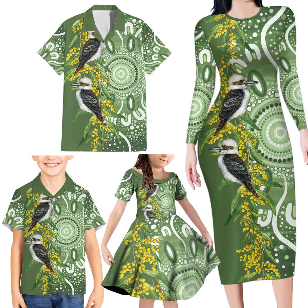 Aussie Kokaburra Golden Wattle Family Matching Long Sleeve Bodycon Dress and Hawaiian Shirt Aboriginal with National Color