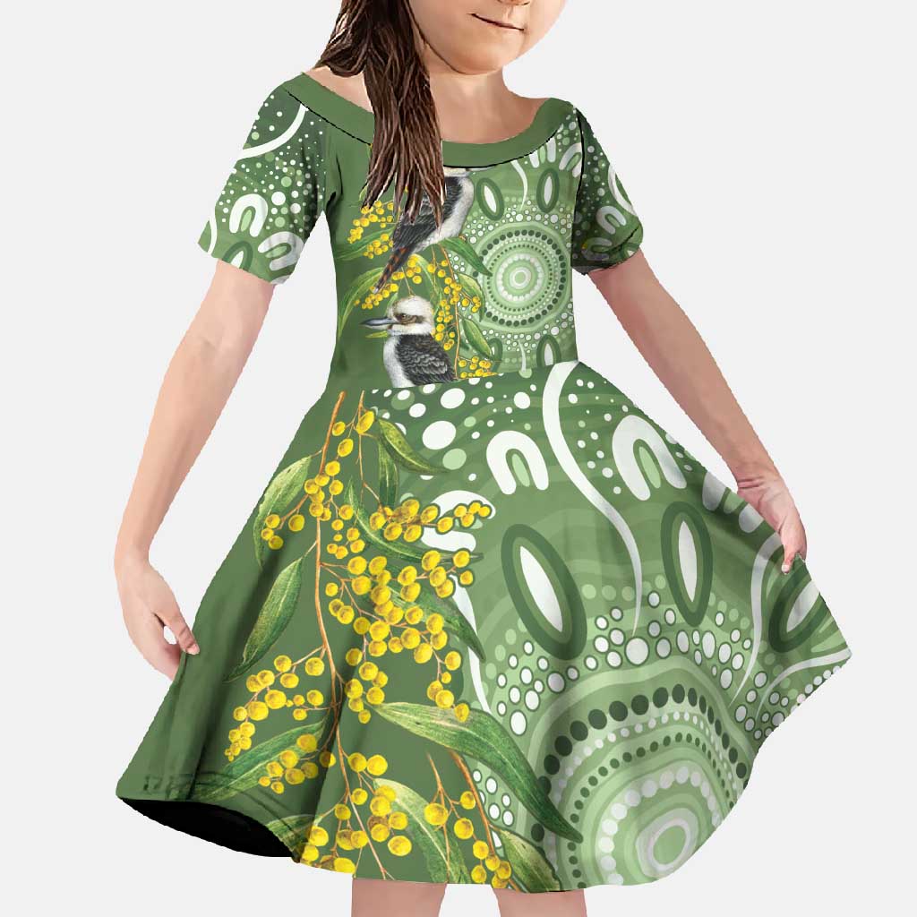 Aussie Kokaburra Golden Wattle Family Matching Long Sleeve Bodycon Dress and Hawaiian Shirt Aboriginal with National Color