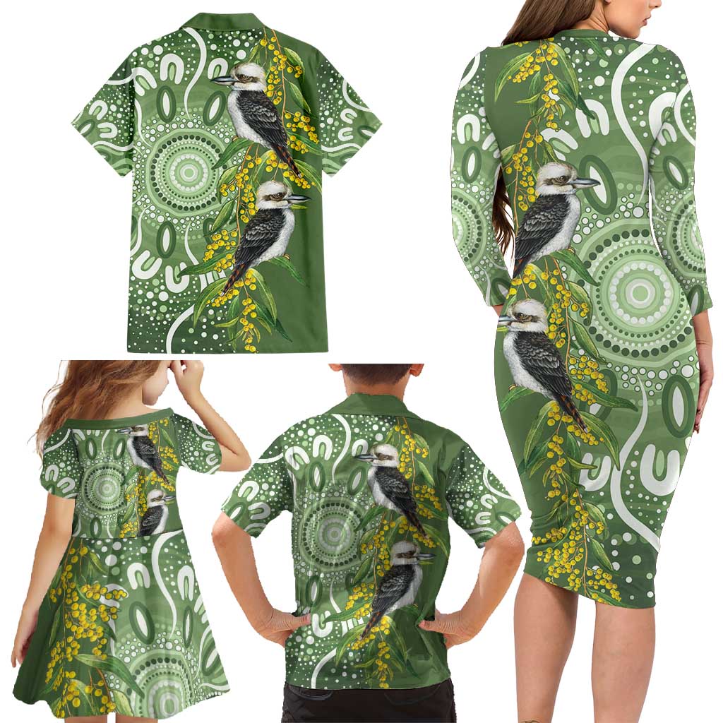 Aussie Kokaburra Golden Wattle Family Matching Long Sleeve Bodycon Dress and Hawaiian Shirt Aboriginal with National Color