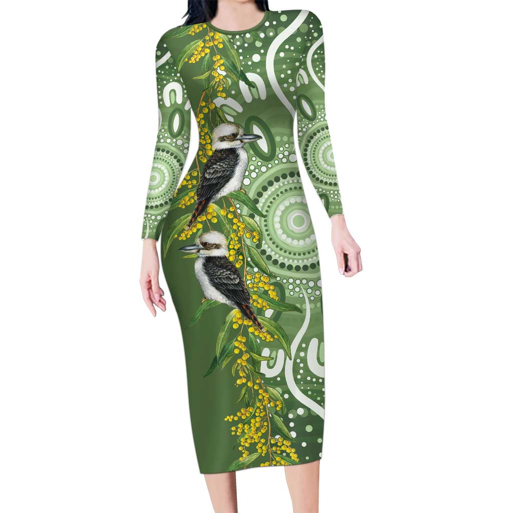 Aussie Kokaburra Golden Wattle Family Matching Long Sleeve Bodycon Dress and Hawaiian Shirt Aboriginal with National Color