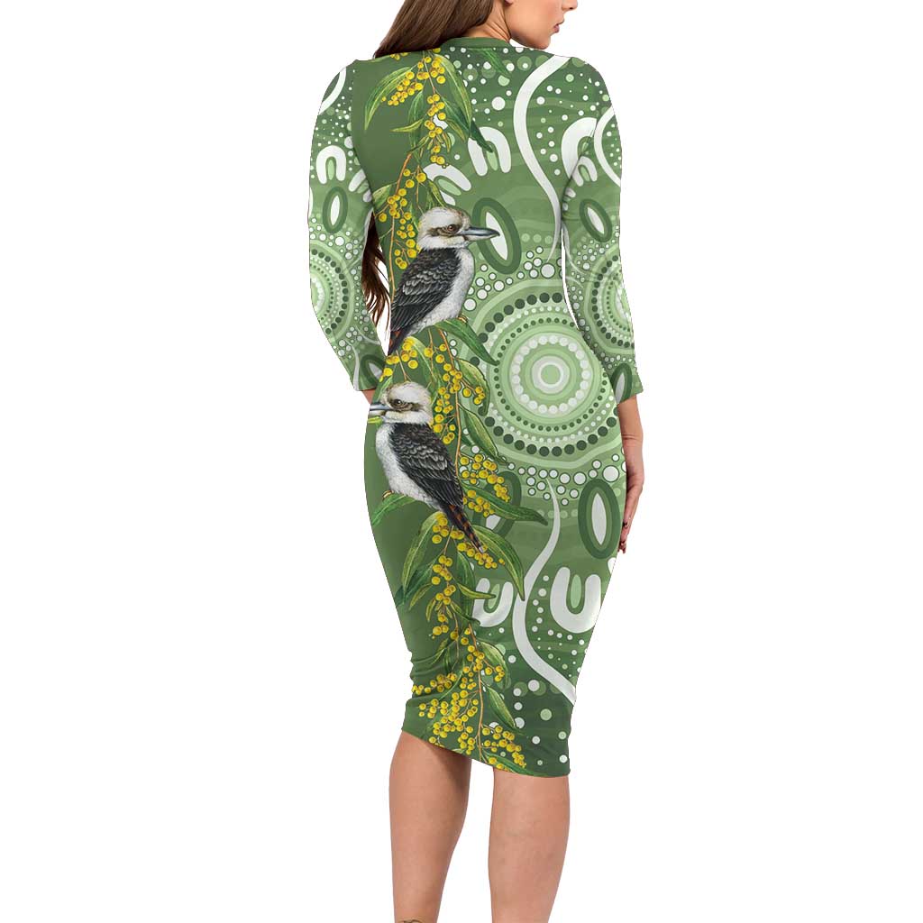 Aussie Kokaburra Golden Wattle Family Matching Long Sleeve Bodycon Dress and Hawaiian Shirt Aboriginal with National Color