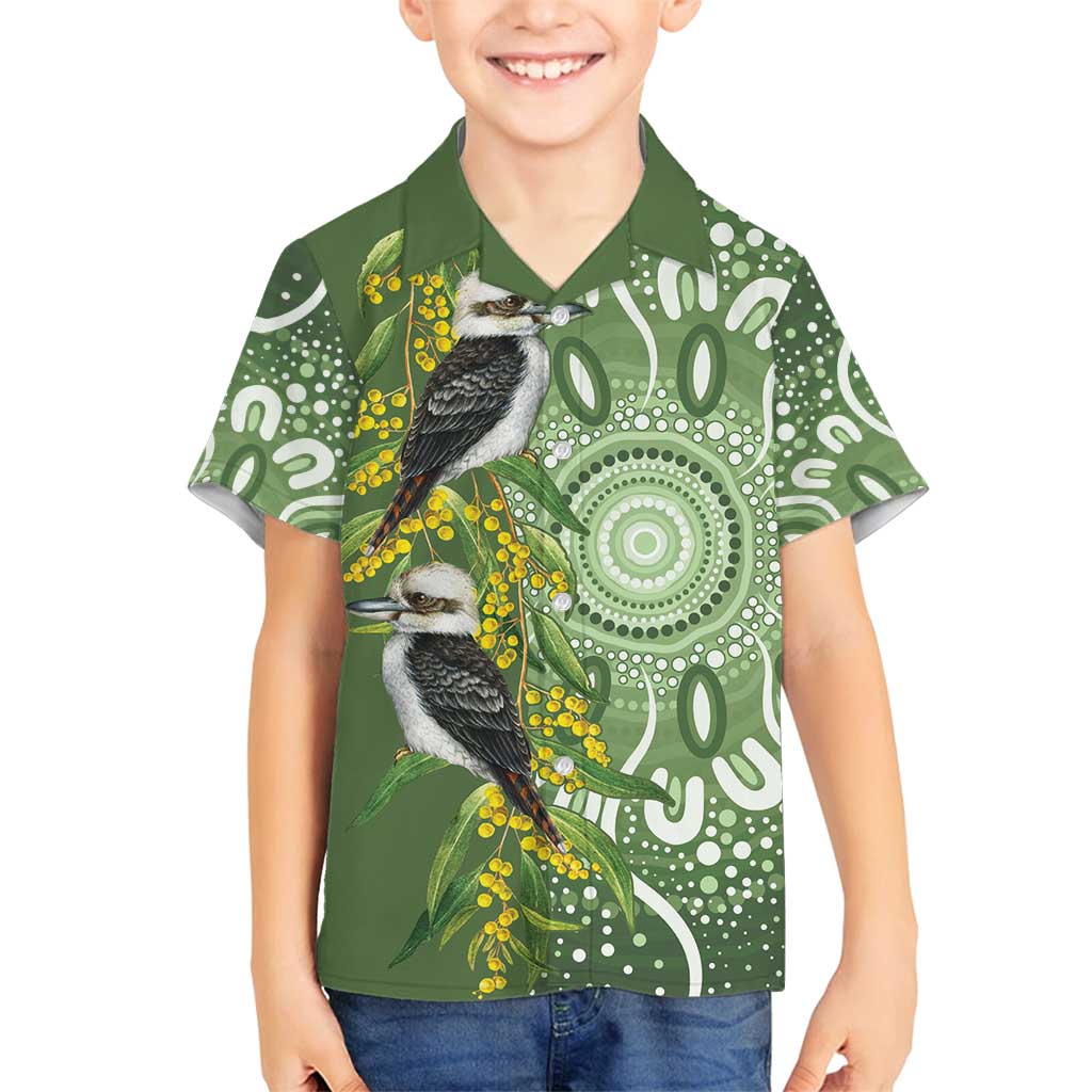 Aussie Kokaburra Golden Wattle Family Matching Long Sleeve Bodycon Dress and Hawaiian Shirt Aboriginal with National Color