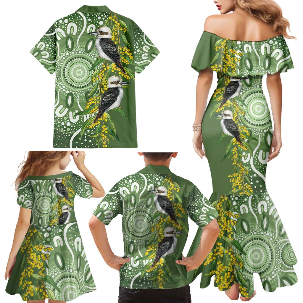 Aussie Kokaburra Golden Wattle Family Matching Mermaid Dress and Hawaiian Shirt Aboriginal with National Color