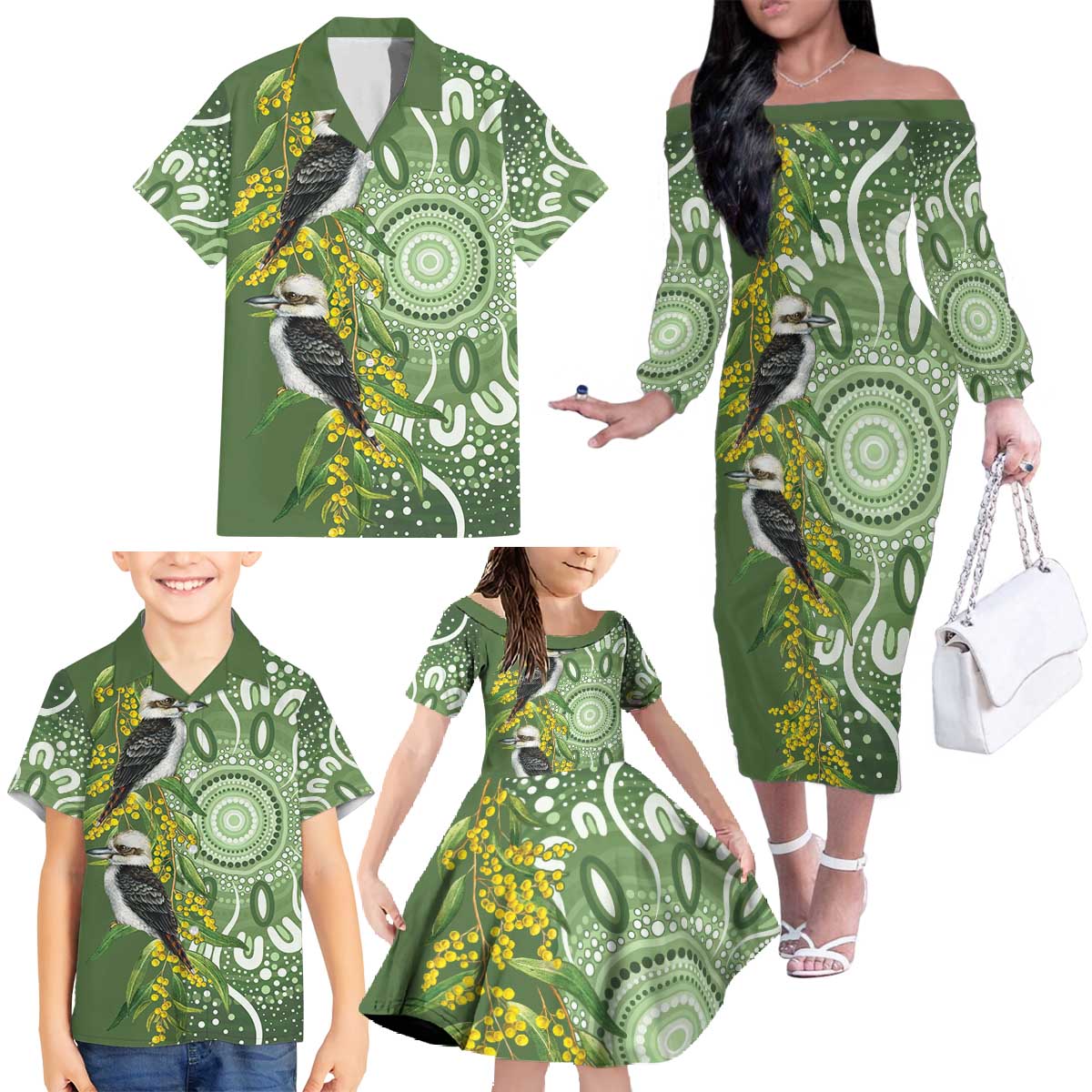 Aussie Kokaburra Golden Wattle Family Matching Off The Shoulder Long Sleeve Dress and Hawaiian Shirt Aboriginal with National Color