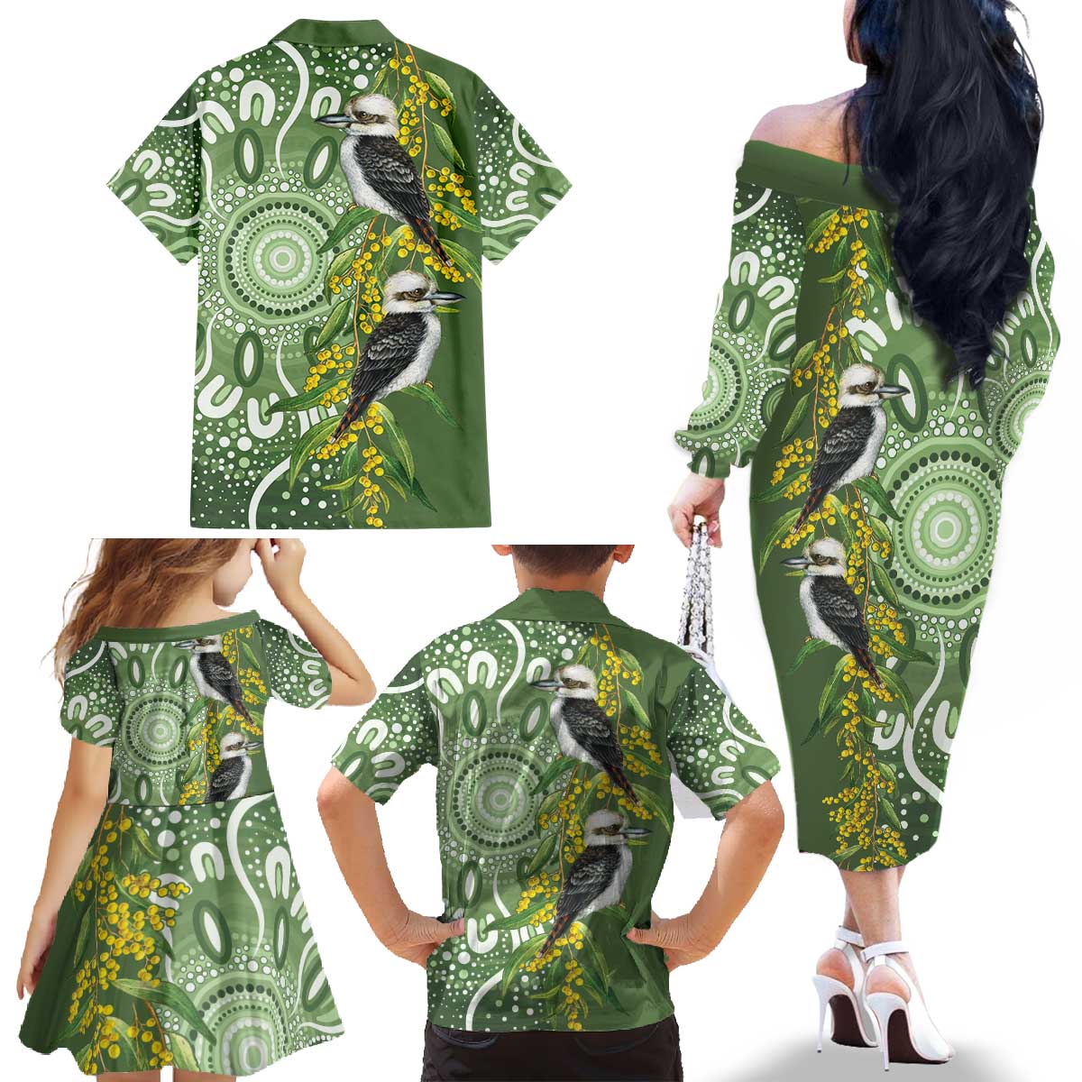 Aussie Kokaburra Golden Wattle Family Matching Off The Shoulder Long Sleeve Dress and Hawaiian Shirt Aboriginal with National Color