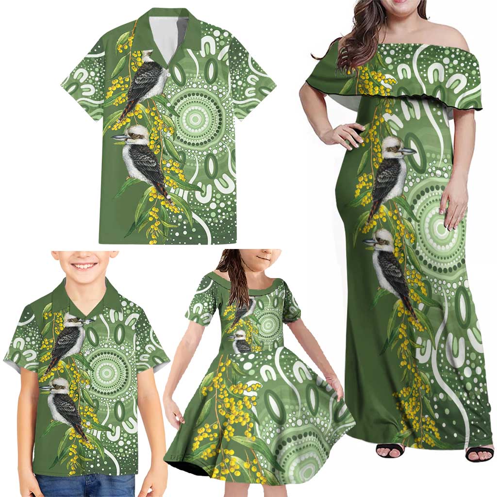 Aussie Kokaburra Golden Wattle Family Matching Off Shoulder Maxi Dress and Hawaiian Shirt Aboriginal with National Color