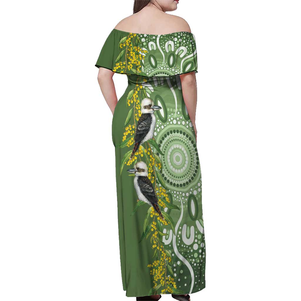 Aussie Kokaburra Golden Wattle Family Matching Off Shoulder Maxi Dress and Hawaiian Shirt Aboriginal with National Color