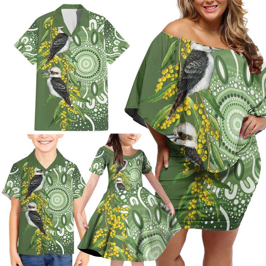 Aussie Kokaburra Golden Wattle Family Matching Off Shoulder Short Dress and Hawaiian Shirt Aboriginal with National Color