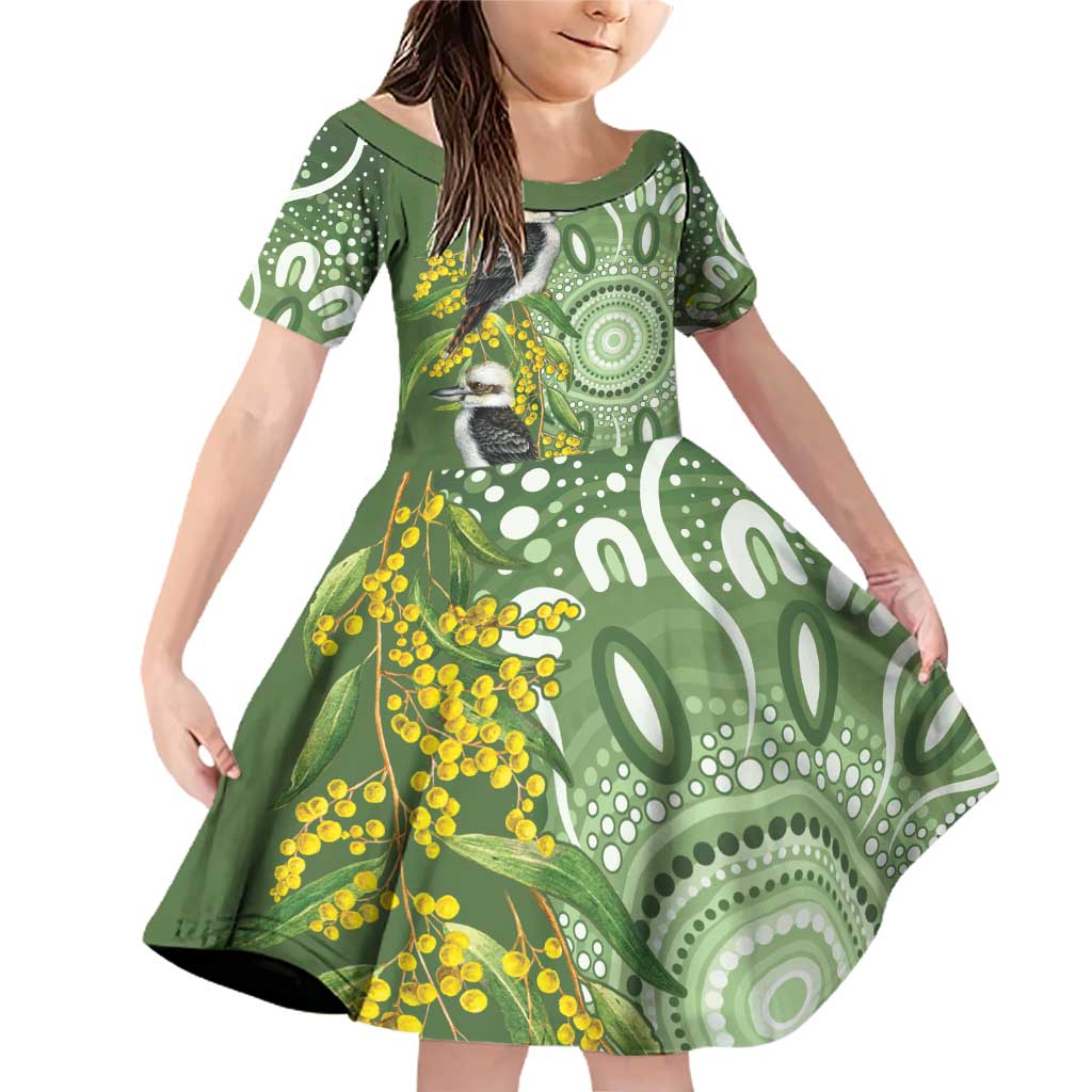 Aussie Kokaburra Golden Wattle Family Matching Off Shoulder Short Dress and Hawaiian Shirt Aboriginal with National Color