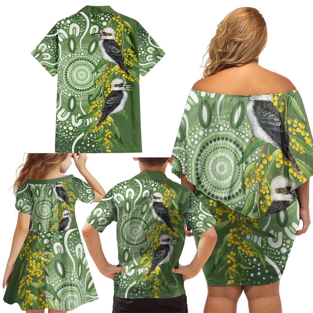 Aussie Kokaburra Golden Wattle Family Matching Off Shoulder Short Dress and Hawaiian Shirt Aboriginal with National Color