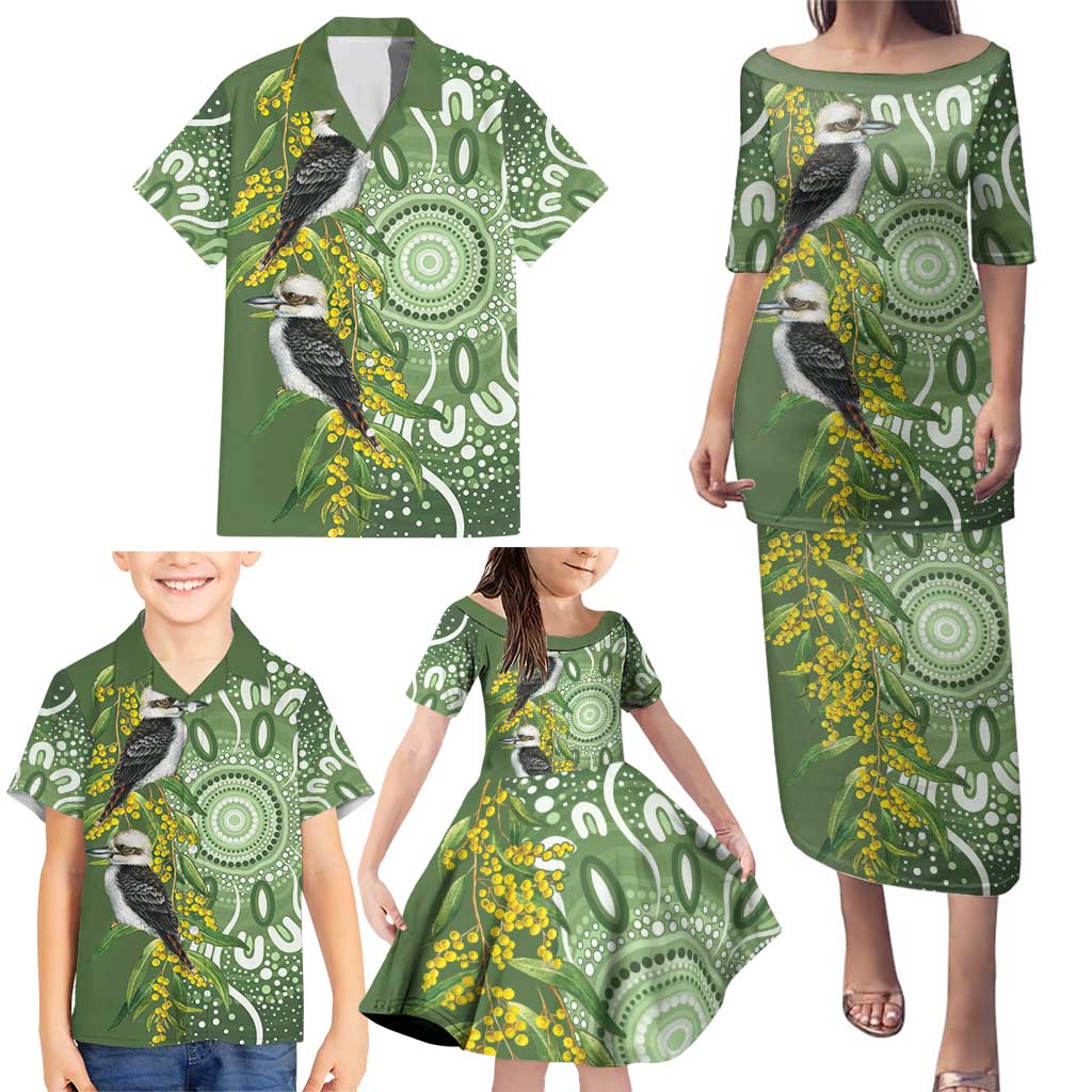 Aussie Kokaburra Golden Wattle Family Matching Puletasi and Hawaiian Shirt Aboriginal with National Color