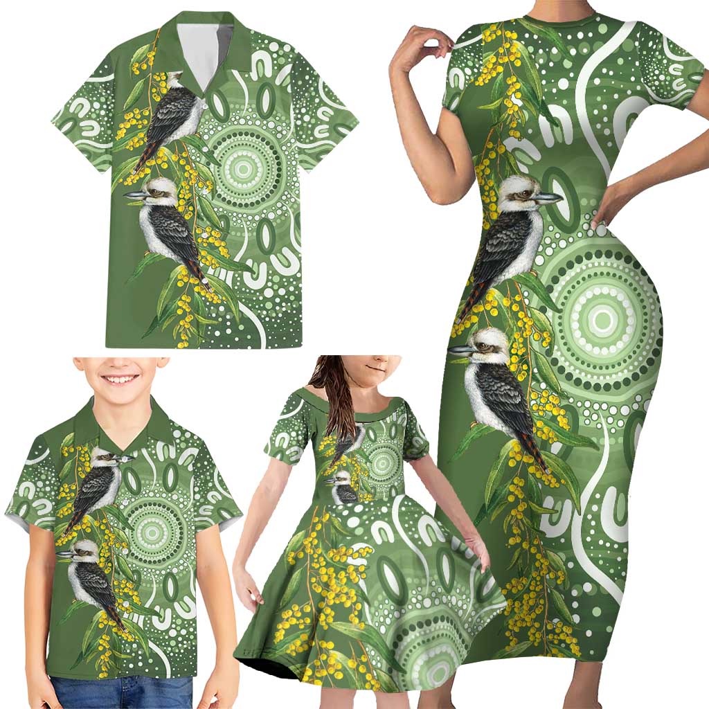 Aussie Kokaburra Golden Wattle Family Matching Short Sleeve Bodycon Dress and Hawaiian Shirt Aboriginal with National Color