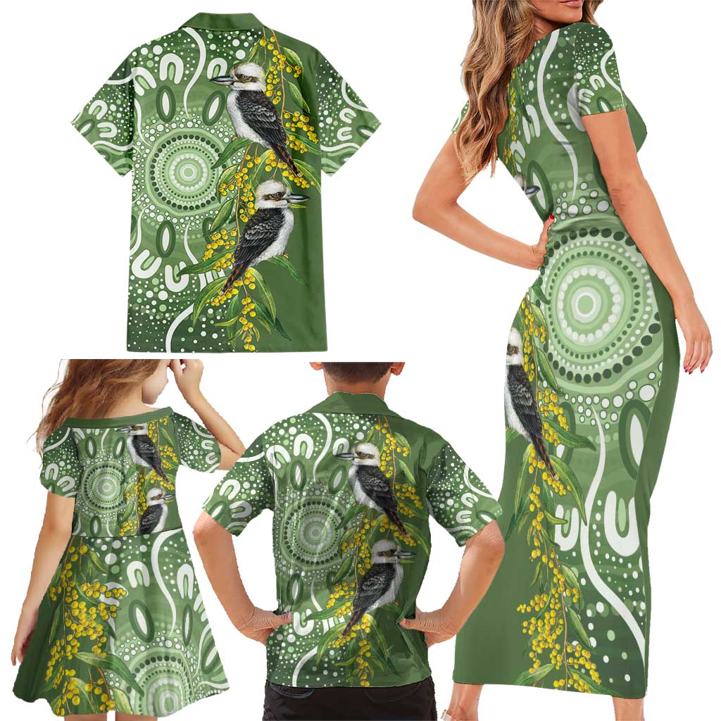 Aussie Kokaburra Golden Wattle Family Matching Short Sleeve Bodycon Dress and Hawaiian Shirt Aboriginal with National Color