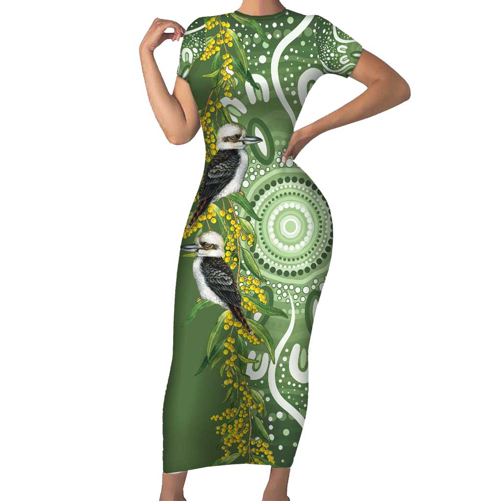 Aussie Kokaburra Golden Wattle Family Matching Short Sleeve Bodycon Dress and Hawaiian Shirt Aboriginal with National Color