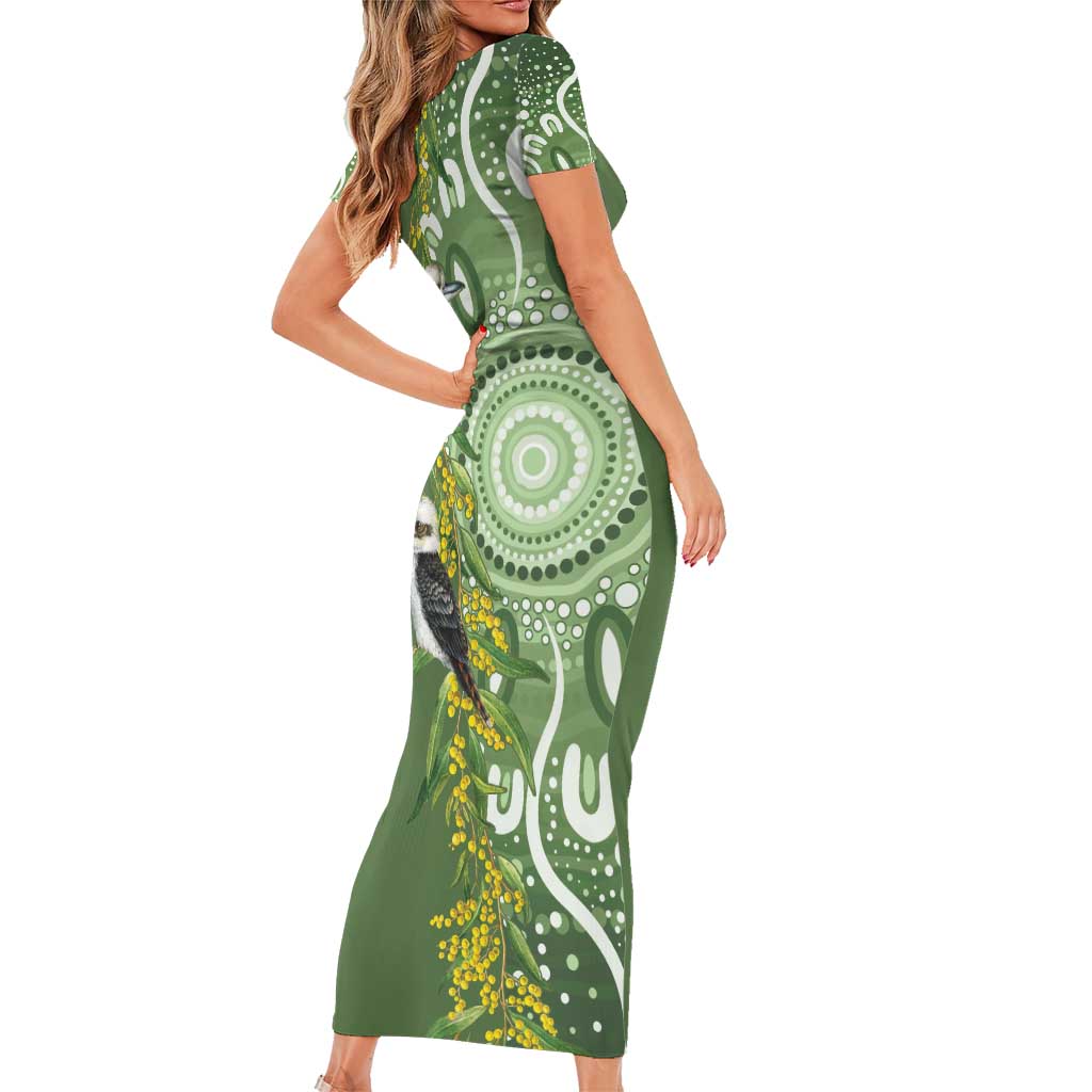 Aussie Kokaburra Golden Wattle Family Matching Short Sleeve Bodycon Dress and Hawaiian Shirt Aboriginal with National Color