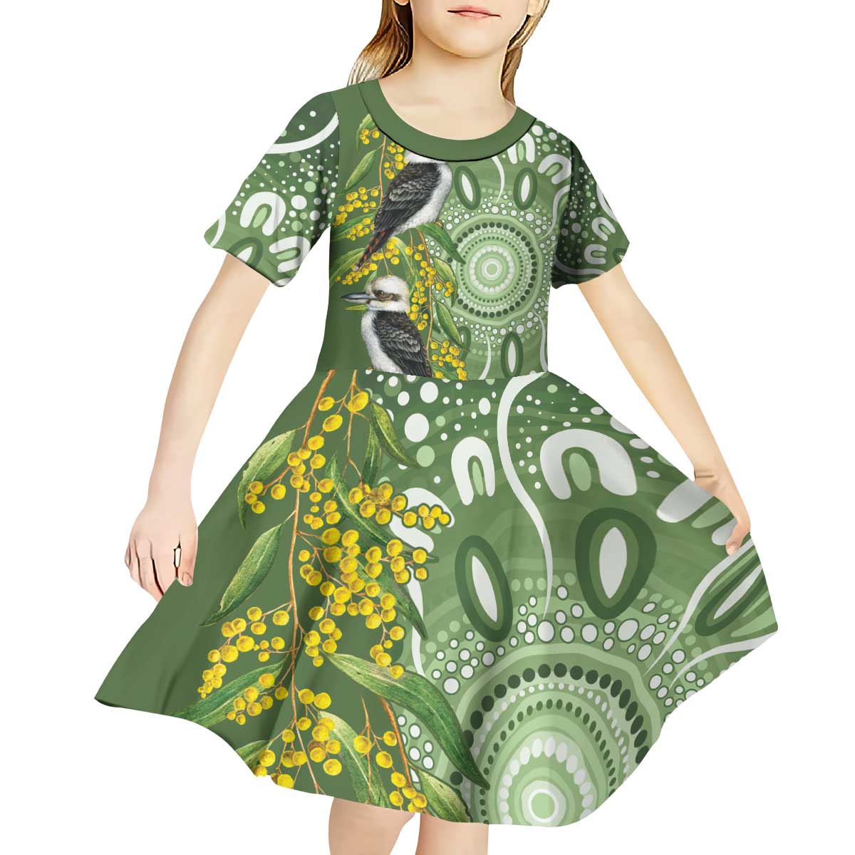 Aussie Kokaburra Golden Wattle Kid Short Sleeve Dress Aboriginal with National Color - Vibe Hoodie Shop