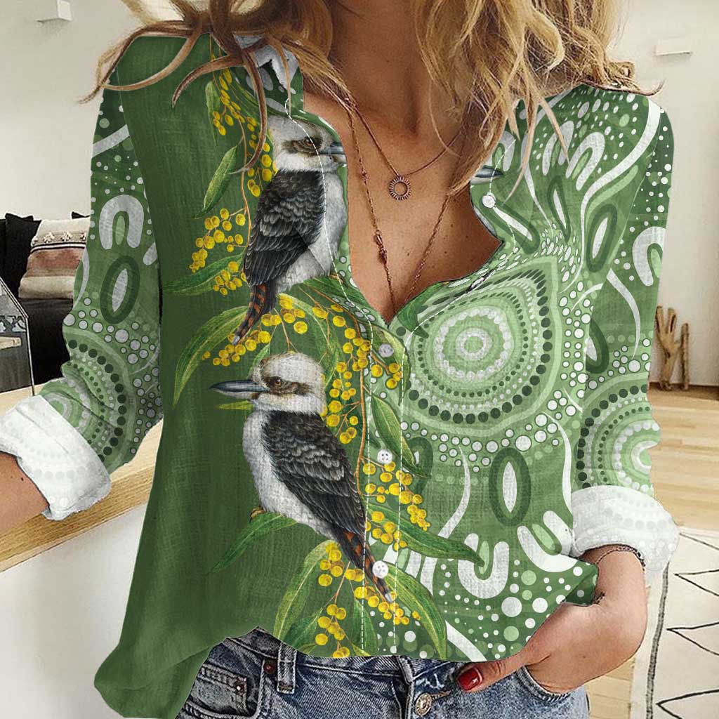 Aussie Kokaburra Golden Wattle Women Casual Shirt Aboriginal with National Color - Vibe Hoodie Shop