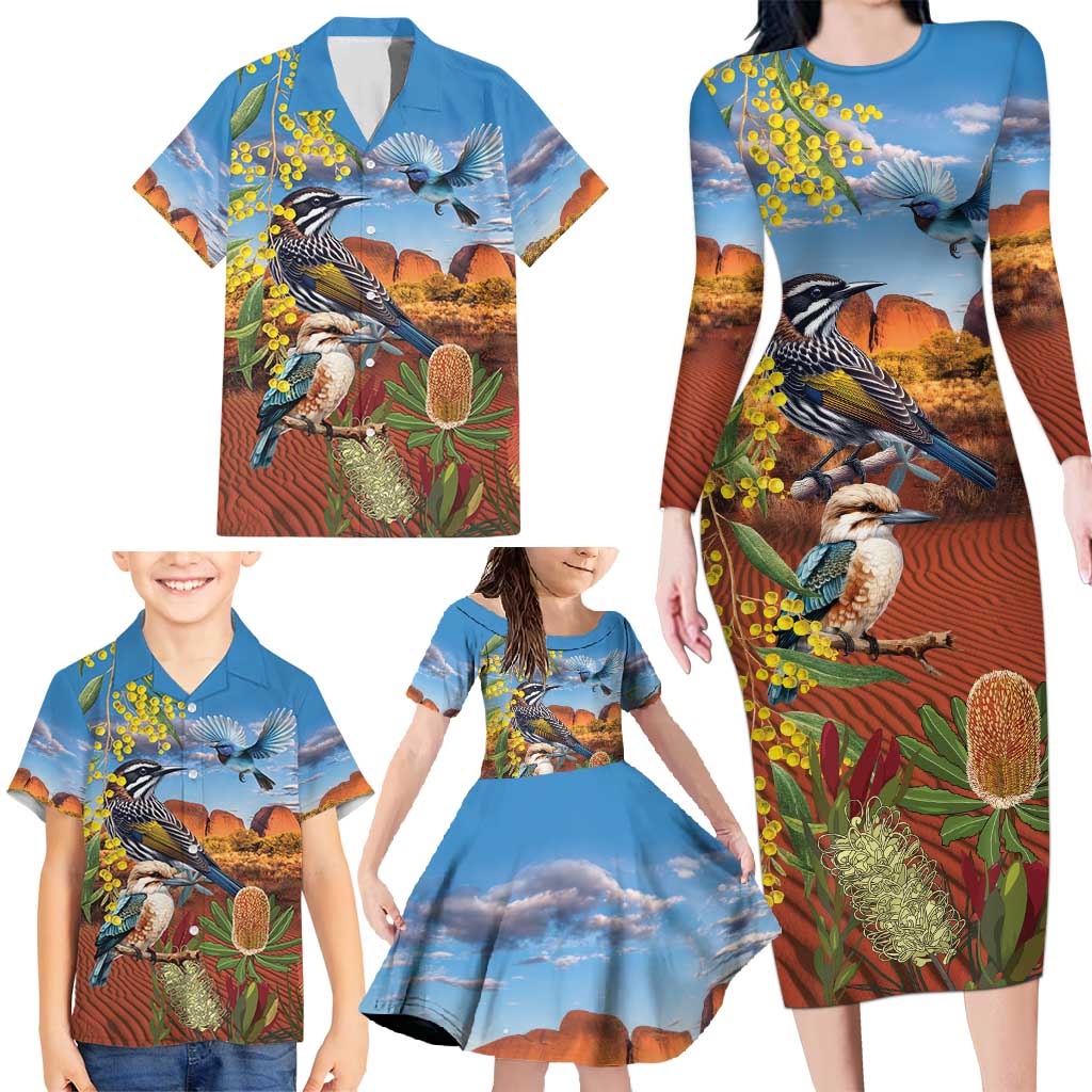 Australia Native Bird Uluru Ayers Rock Family Matching Long Sleeve Bodycon Dress and Hawaiian Shirt