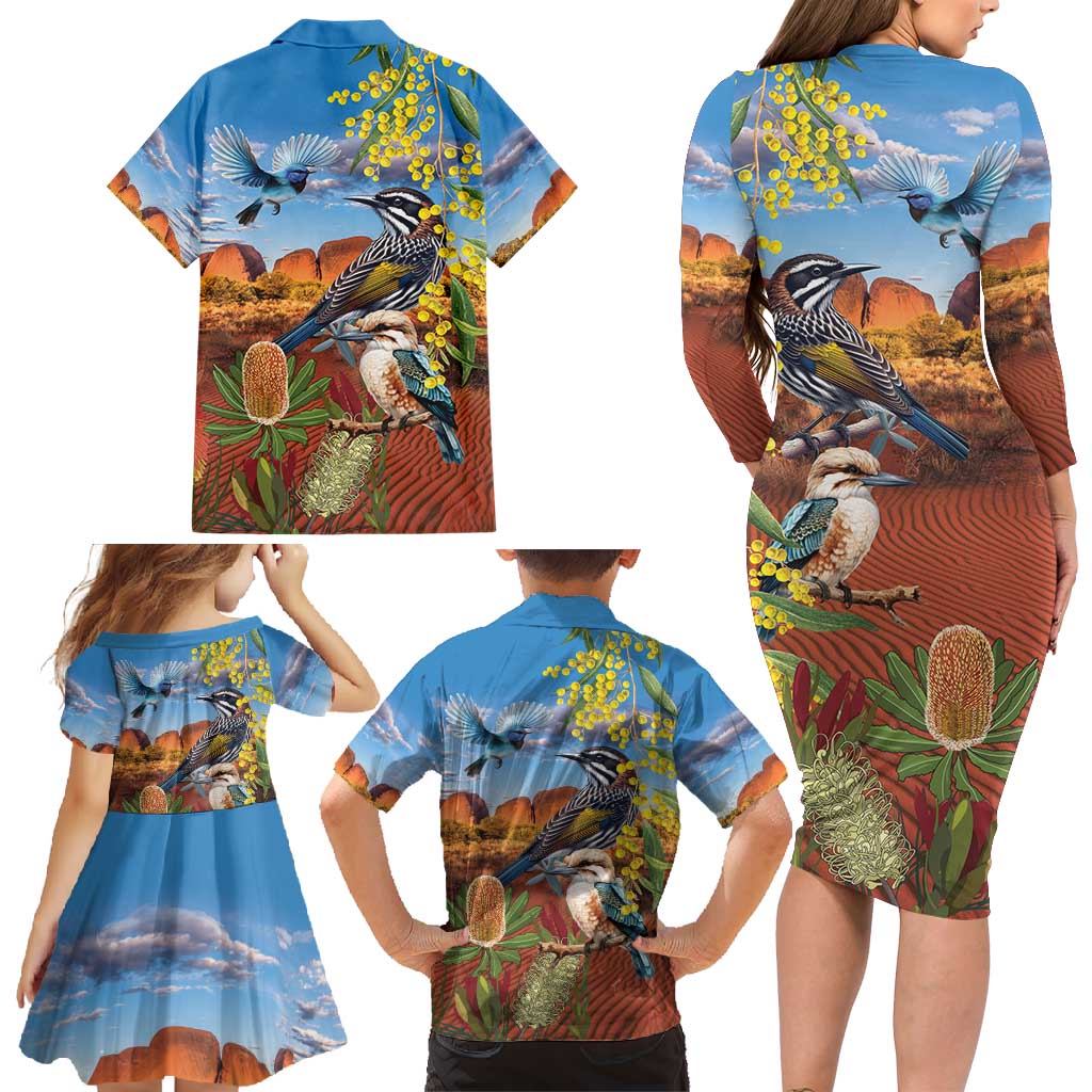 Australia Native Bird Uluru Ayers Rock Family Matching Long Sleeve Bodycon Dress and Hawaiian Shirt