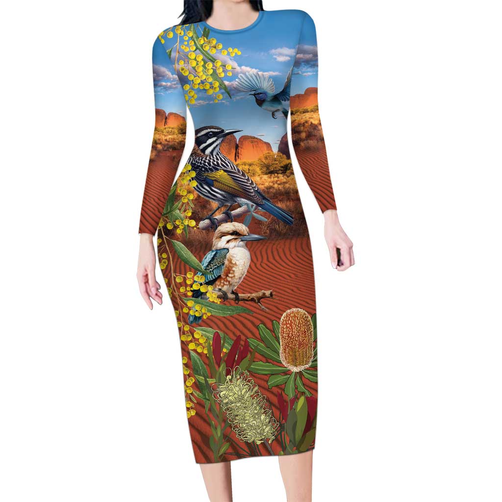 Australia Native Bird Uluru Ayers Rock Family Matching Long Sleeve Bodycon Dress and Hawaiian Shirt