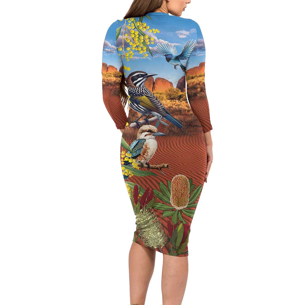 Australia Native Bird Uluru Ayers Rock Family Matching Long Sleeve Bodycon Dress and Hawaiian Shirt