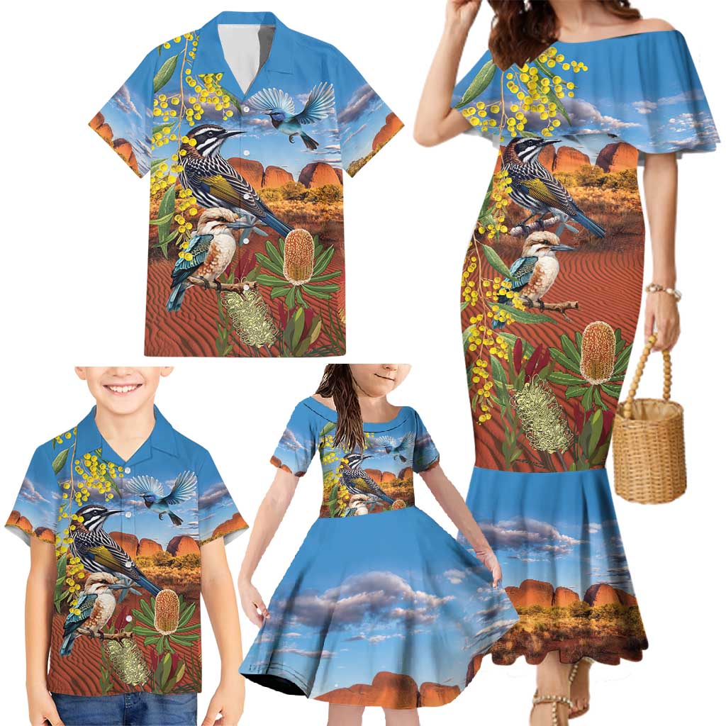 Australia Native Bird Uluru Ayers Rock Family Matching Mermaid Dress and Hawaiian Shirt