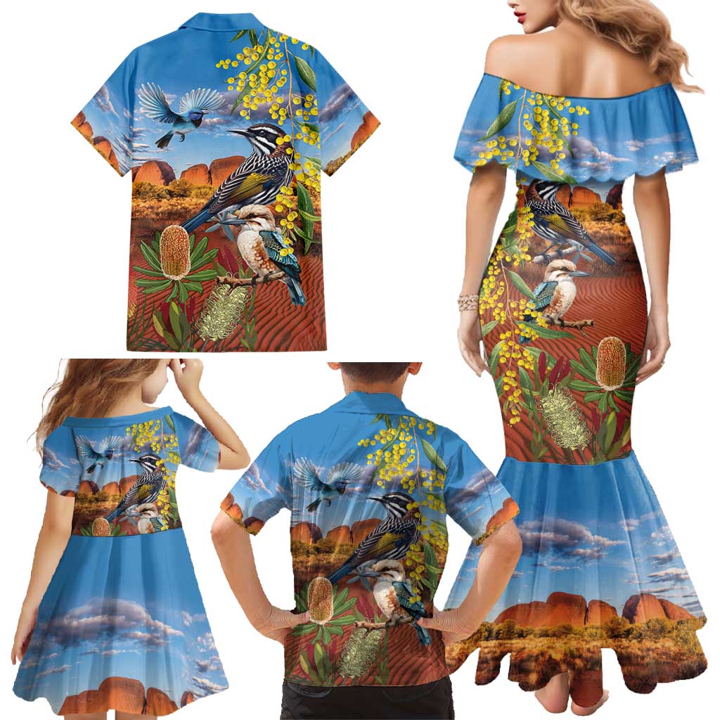 Australia Native Bird Uluru Ayers Rock Family Matching Mermaid Dress and Hawaiian Shirt