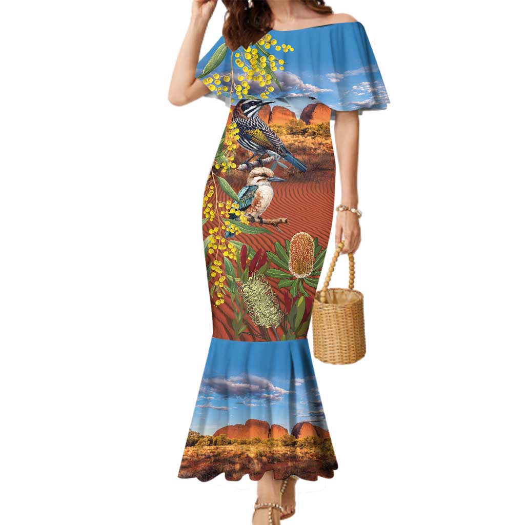 Australia Native Bird Uluru Ayers Rock Family Matching Mermaid Dress and Hawaiian Shirt