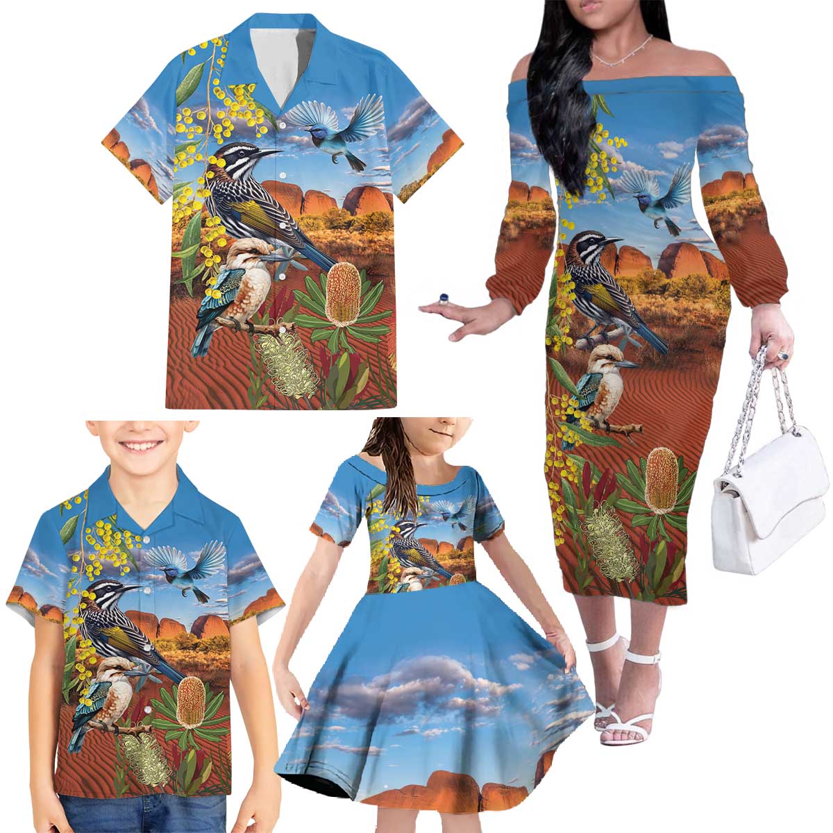 Australia Native Bird Uluru Ayers Rock Family Matching Off The Shoulder Long Sleeve Dress and Hawaiian Shirt