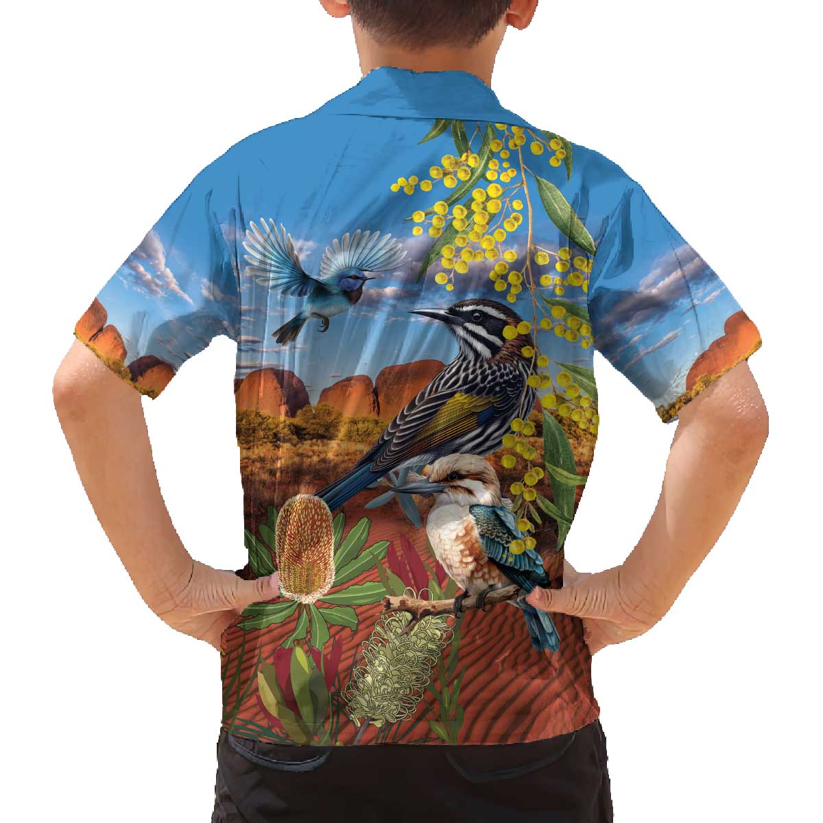 Australia Native Bird Uluru Ayers Rock Family Matching Off The Shoulder Long Sleeve Dress and Hawaiian Shirt