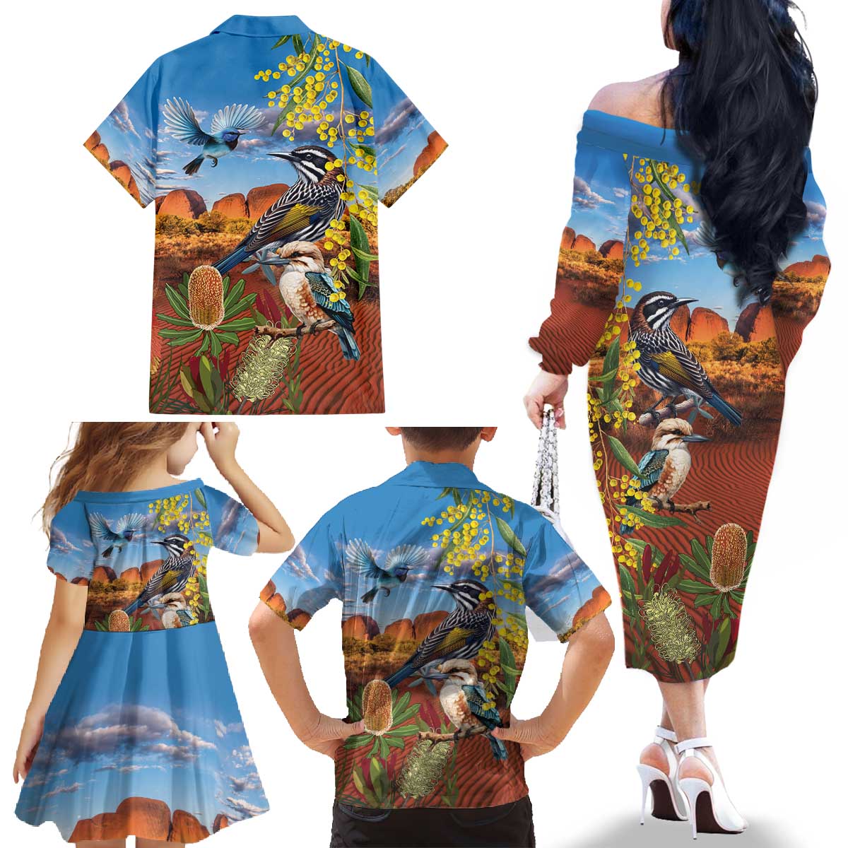 Australia Native Bird Uluru Ayers Rock Family Matching Off The Shoulder Long Sleeve Dress and Hawaiian Shirt