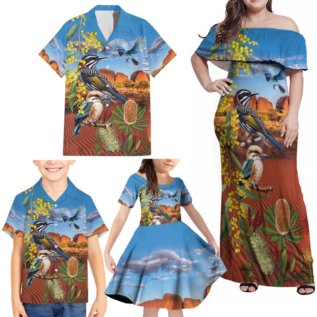 Australia Native Bird Uluru Ayers Rock Family Matching Off Shoulder Maxi Dress and Hawaiian Shirt