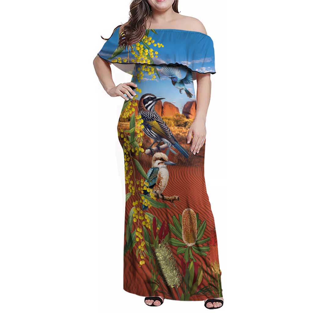 Australia Native Bird Uluru Ayers Rock Family Matching Off Shoulder Maxi Dress and Hawaiian Shirt