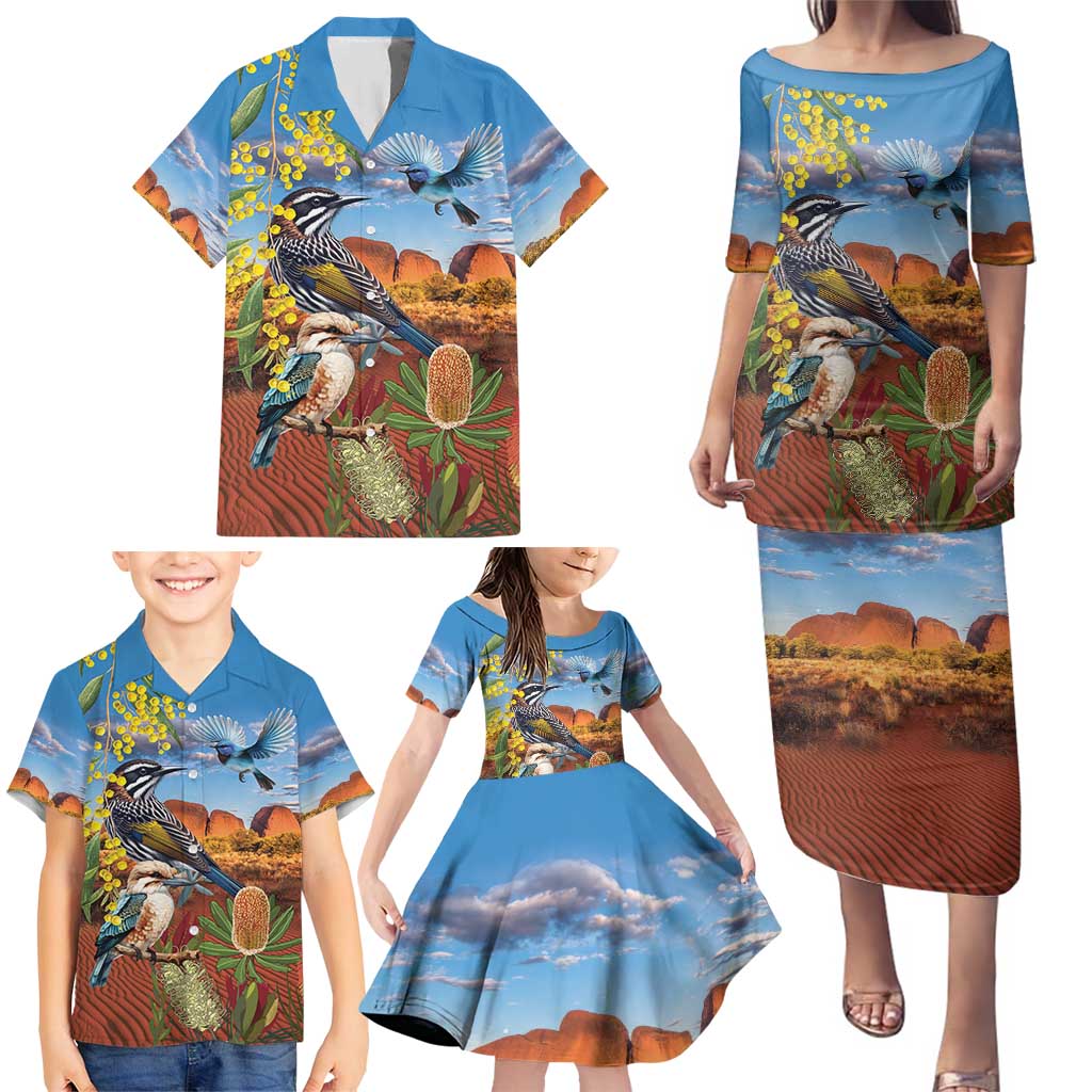 Australia Native Bird Uluru Ayers Rock Family Matching Puletasi and Hawaiian Shirt