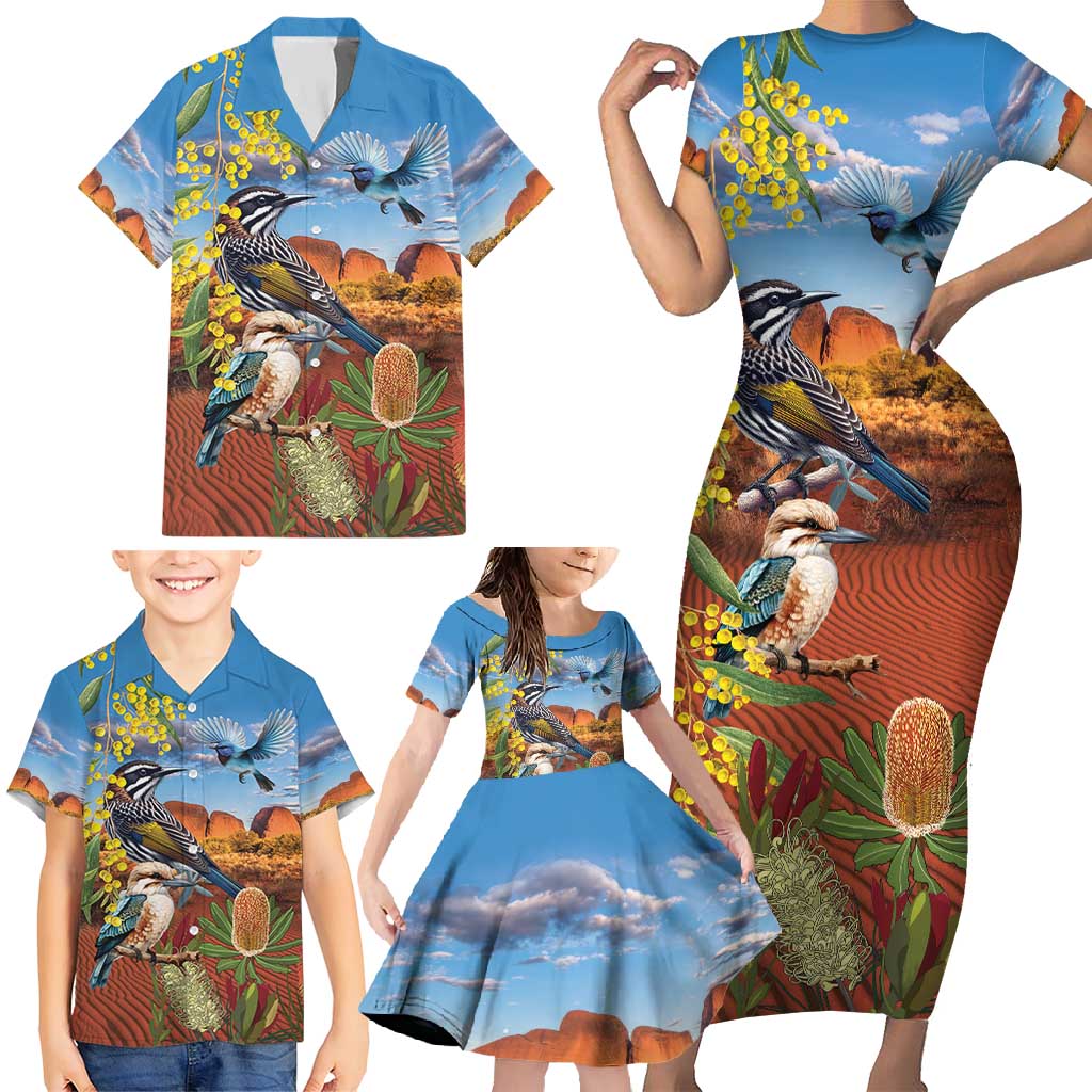 Australia Native Bird Uluru Ayers Rock Family Matching Short Sleeve Bodycon Dress and Hawaiian Shirt