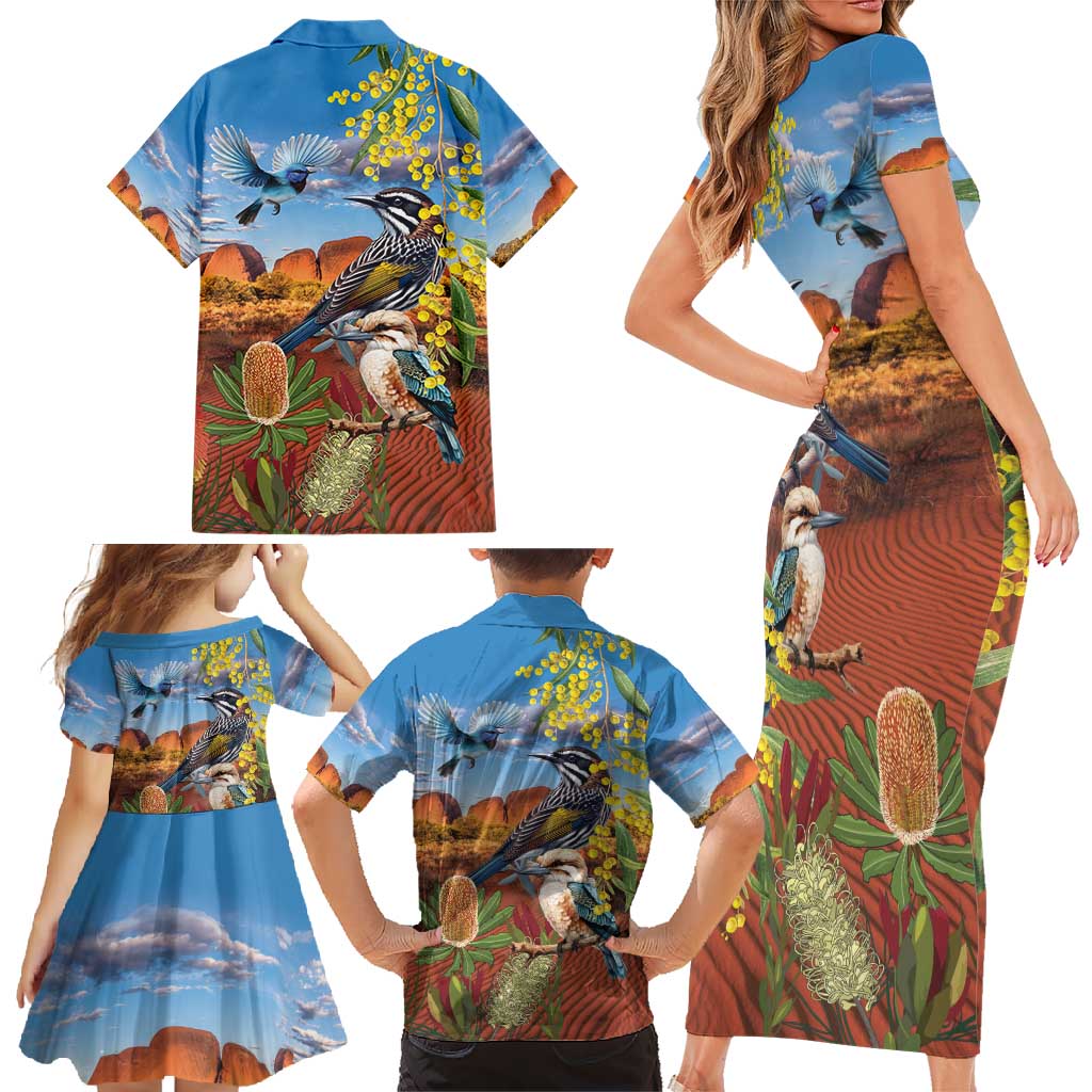 Australia Native Bird Uluru Ayers Rock Family Matching Short Sleeve Bodycon Dress and Hawaiian Shirt